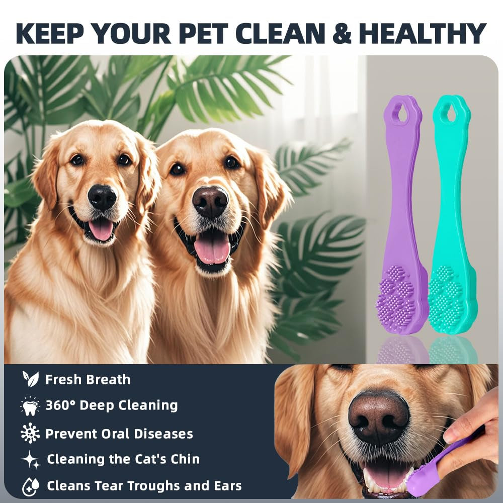 4PCS Dog Bath Brush | Scrubber for Bath | Shampoo Brush | Toothbrush | Finger Toothbrush | Dog Shower/Washing Brush with Adjustable Ring Handle - Pet Bath Supplies (Blue Green)